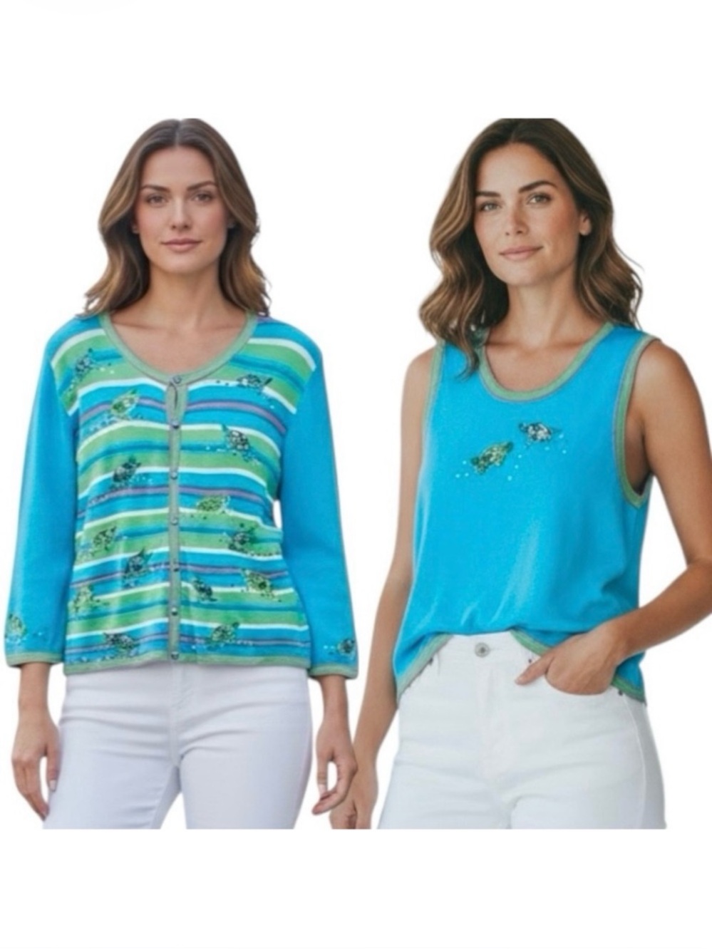 Berek Set Cardigan & Top/Vest Sweater Sz L Blue Embroidery/Bead Sea Turtles Knit